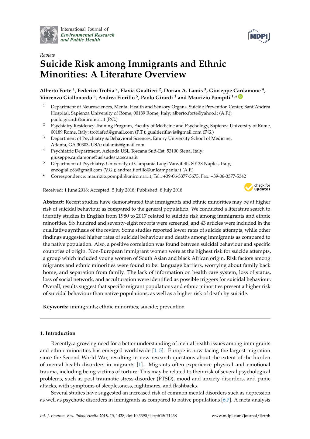 Suicide Risk Among Immigrants and Ethnic Minorities: a Literature Overview