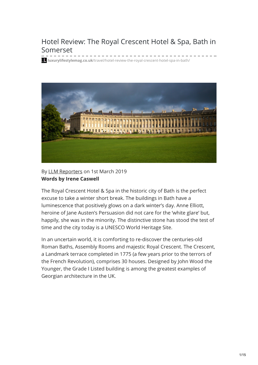 Hotel Review: the Royal Crescent Hotel & Spa, Bath in Somerset