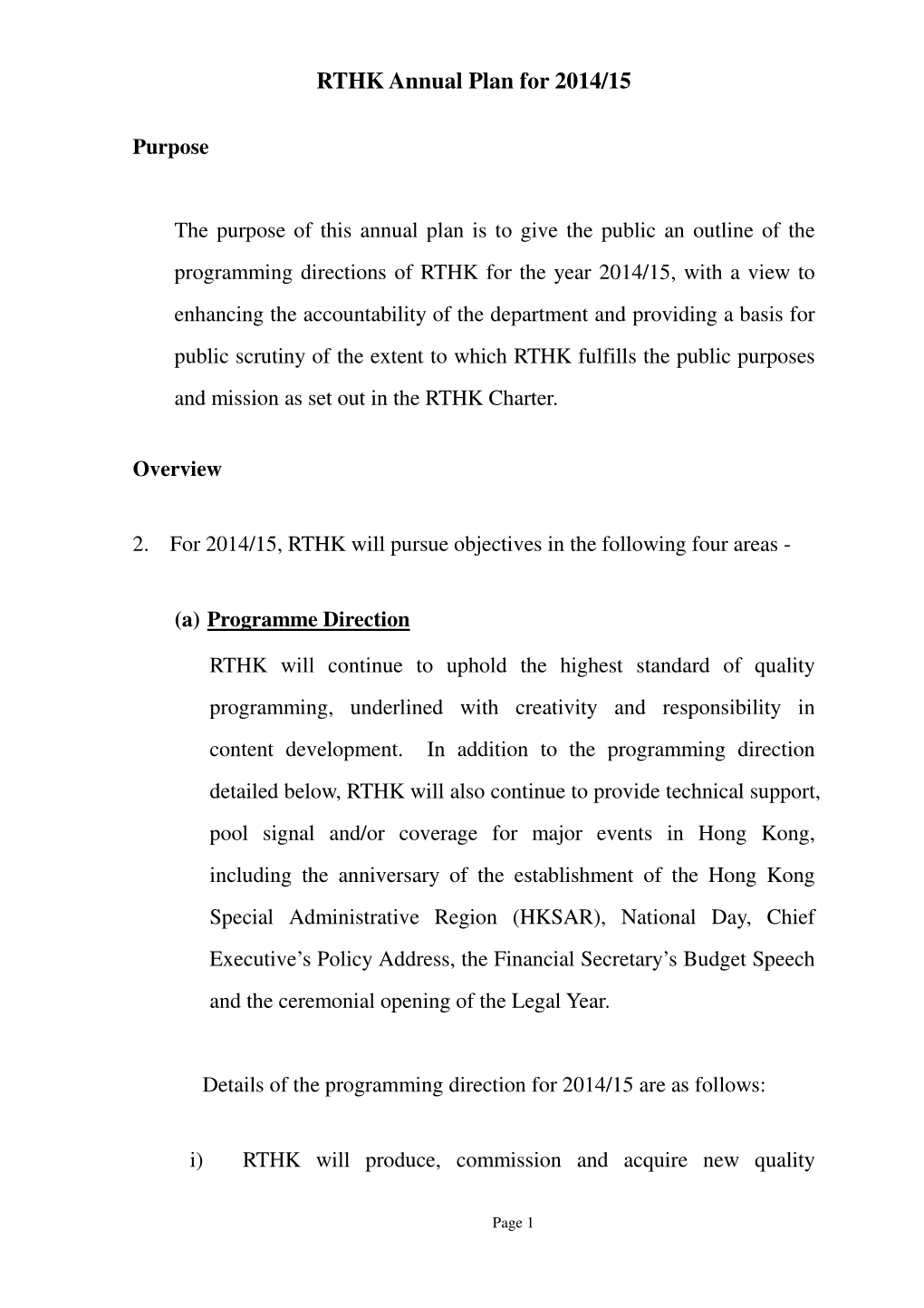 RTHK Annual Plan for 2014/15
