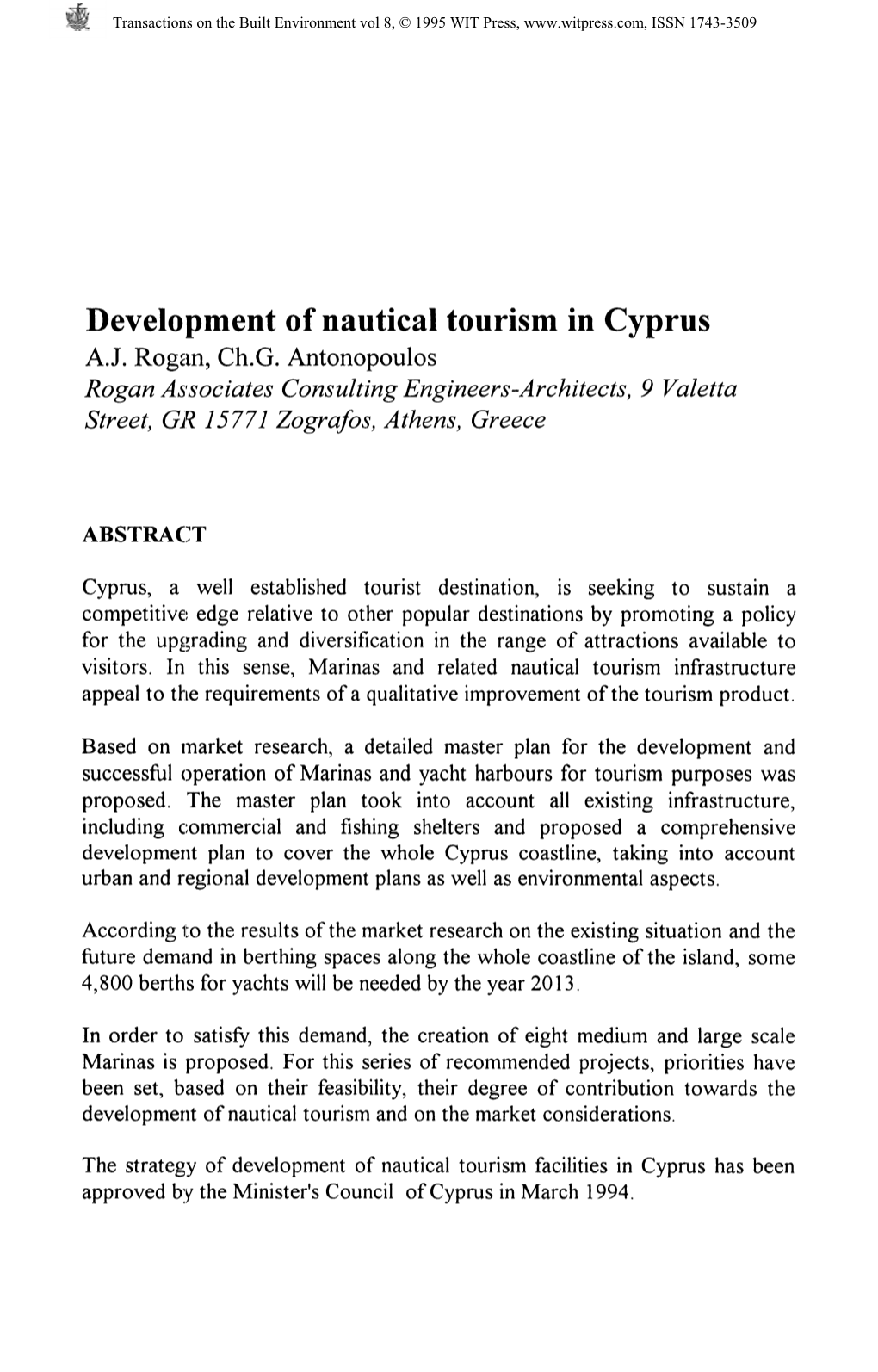 Development of Nautical Tourism in Cyprus AJ. Rogan, Ch.G