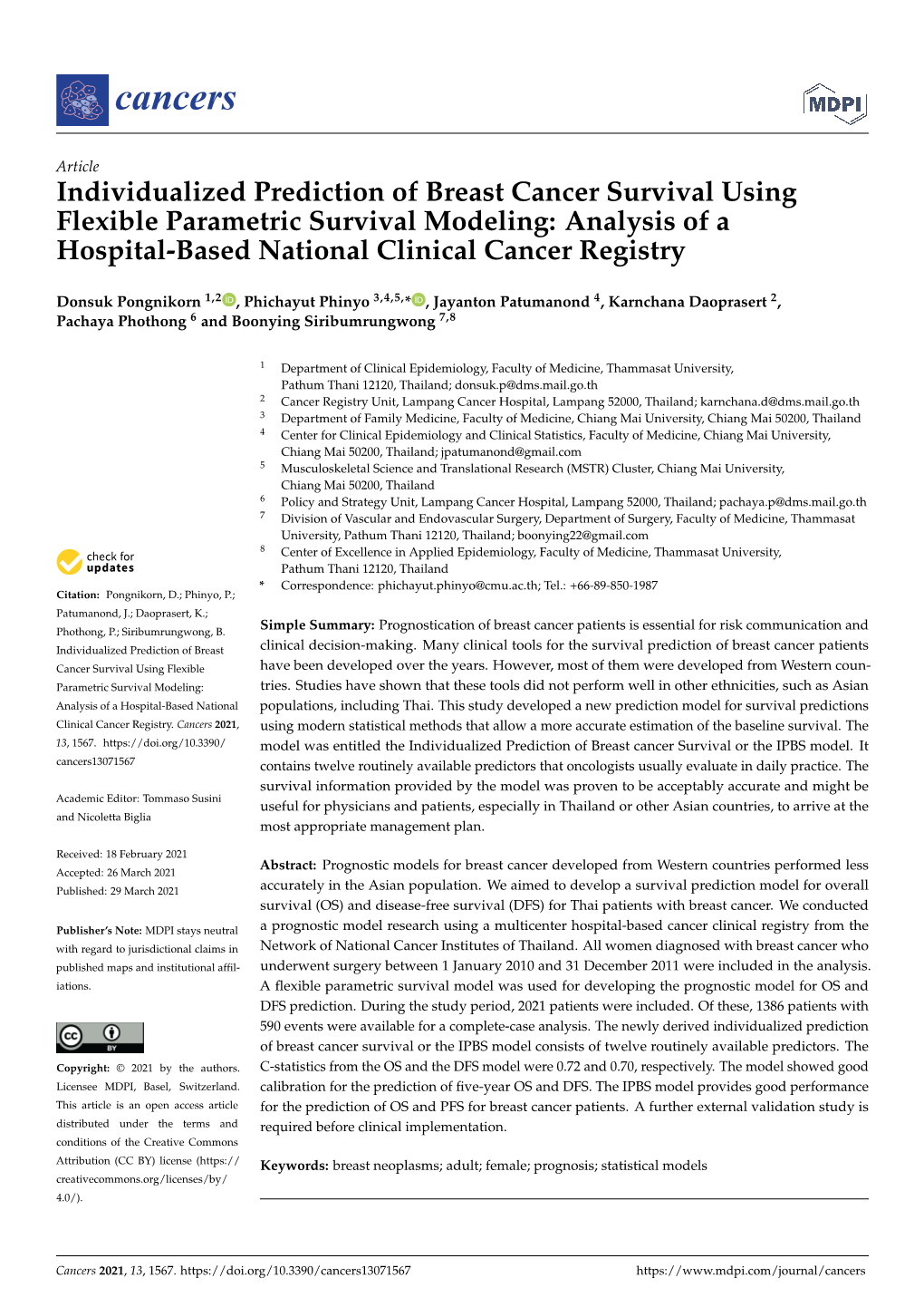 Individualized Prediction of Breast Cancer Survival Using Flexible Parametric Survival Modeling: Analysis of a Hospital-Based National Clinical Cancer Registry
