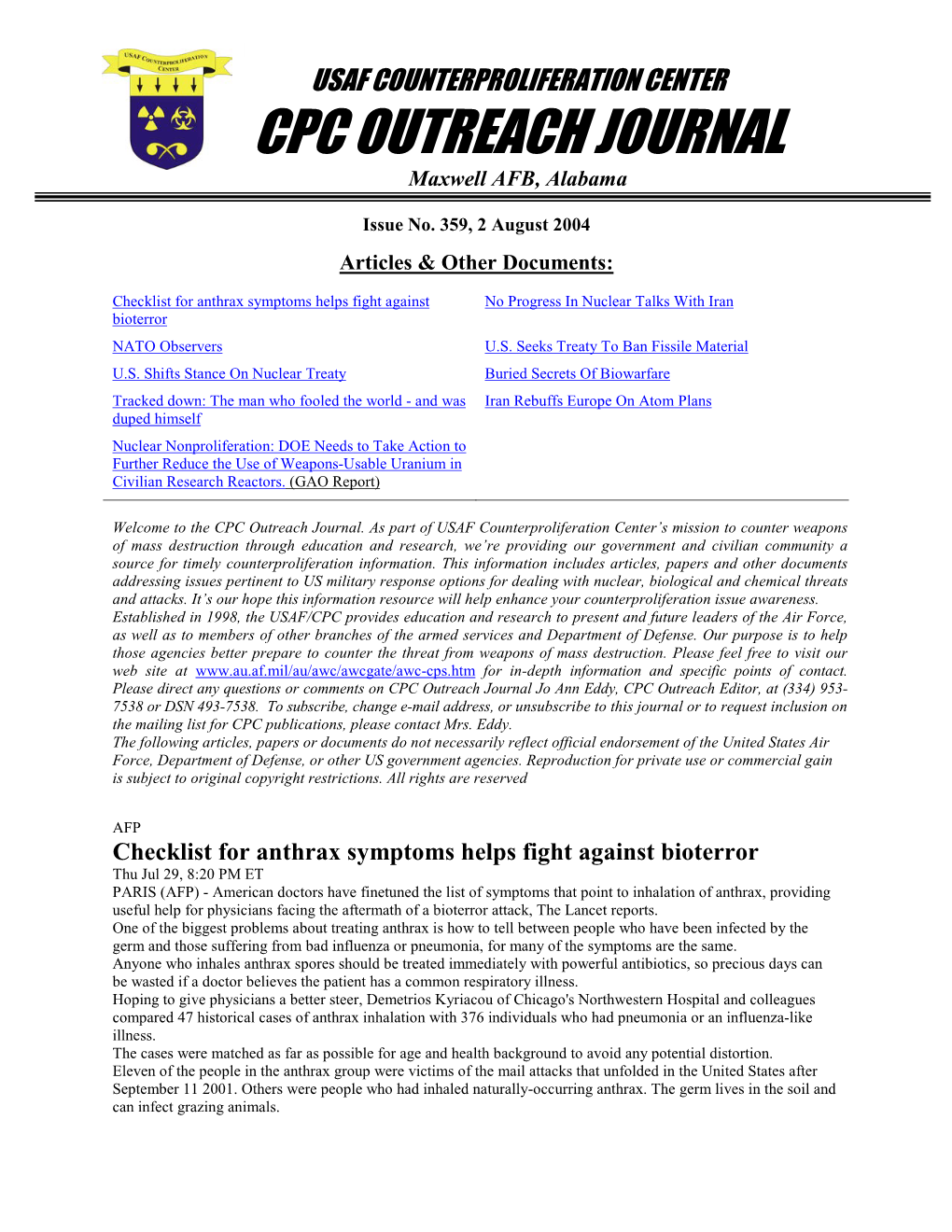 USAF Counterproliferation Center CPC Outreach Journal
