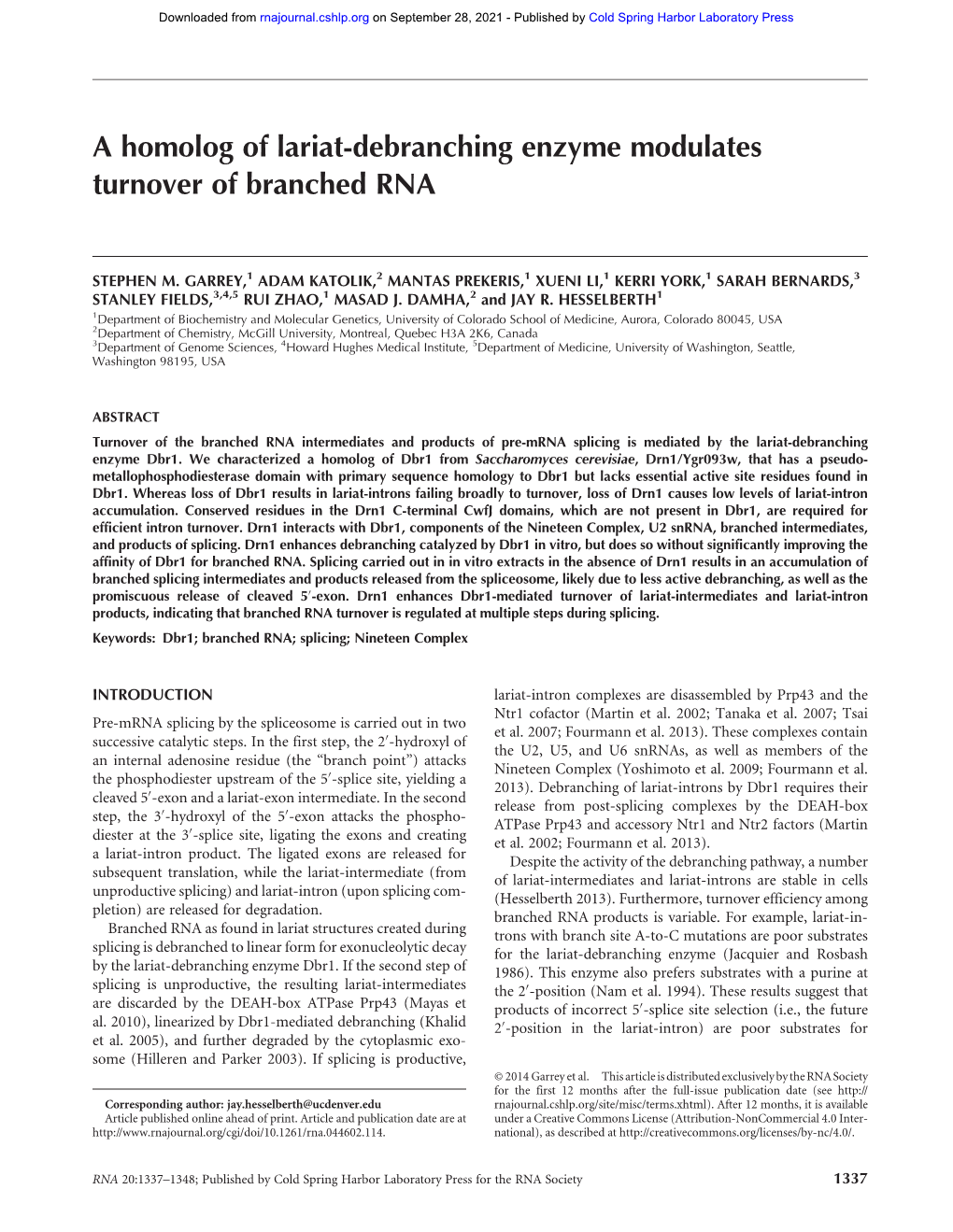 A Homolog of Lariat-Debranching Enzyme Modulates Turnover of Branched RNA