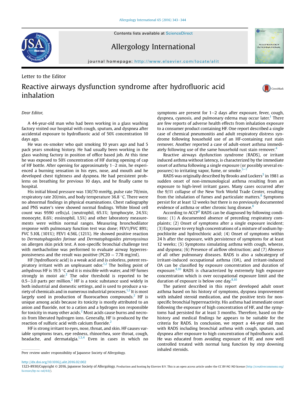 Reactive Airways Dysfunction Syndrome After Hydrofluoric Acid