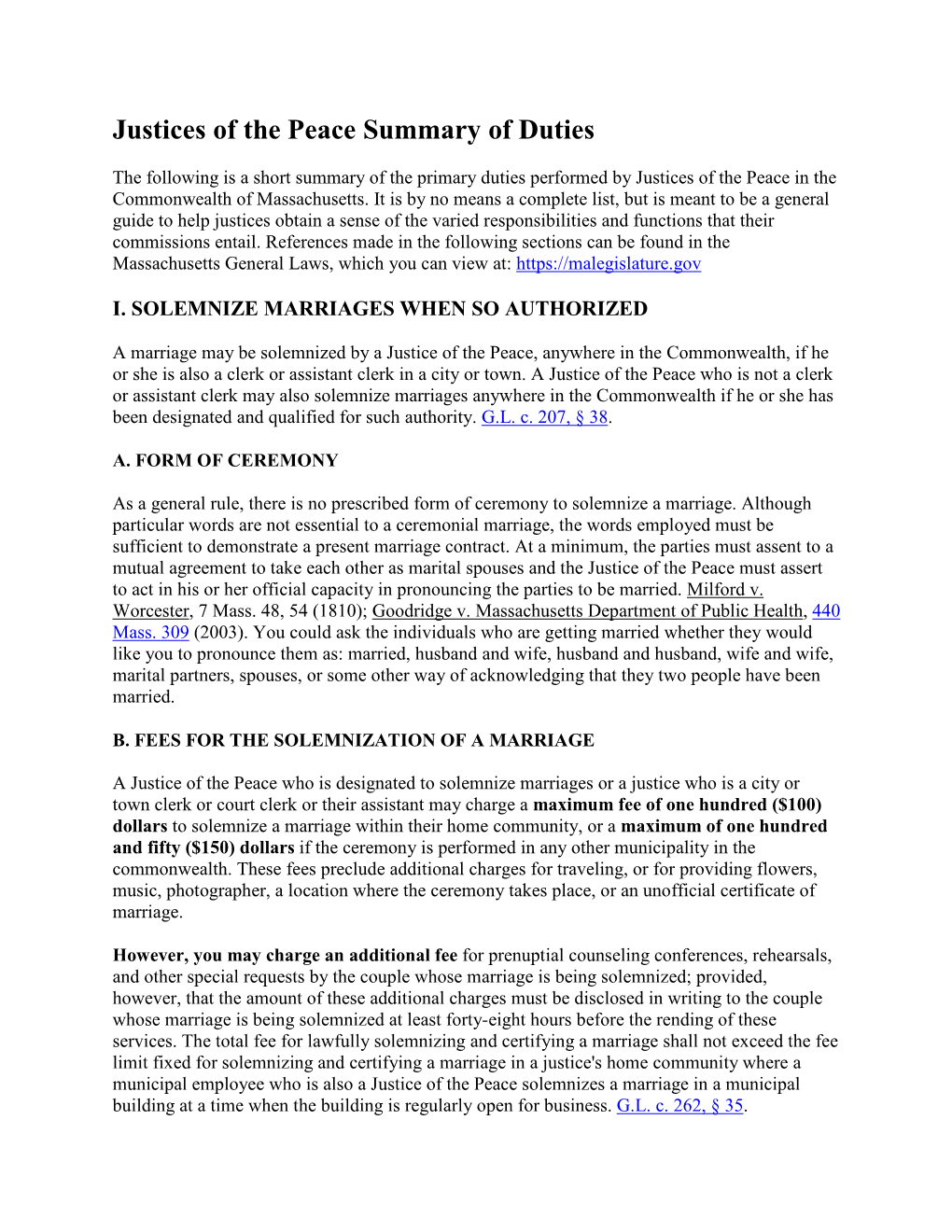 Justices of the Peace Summary of Duties