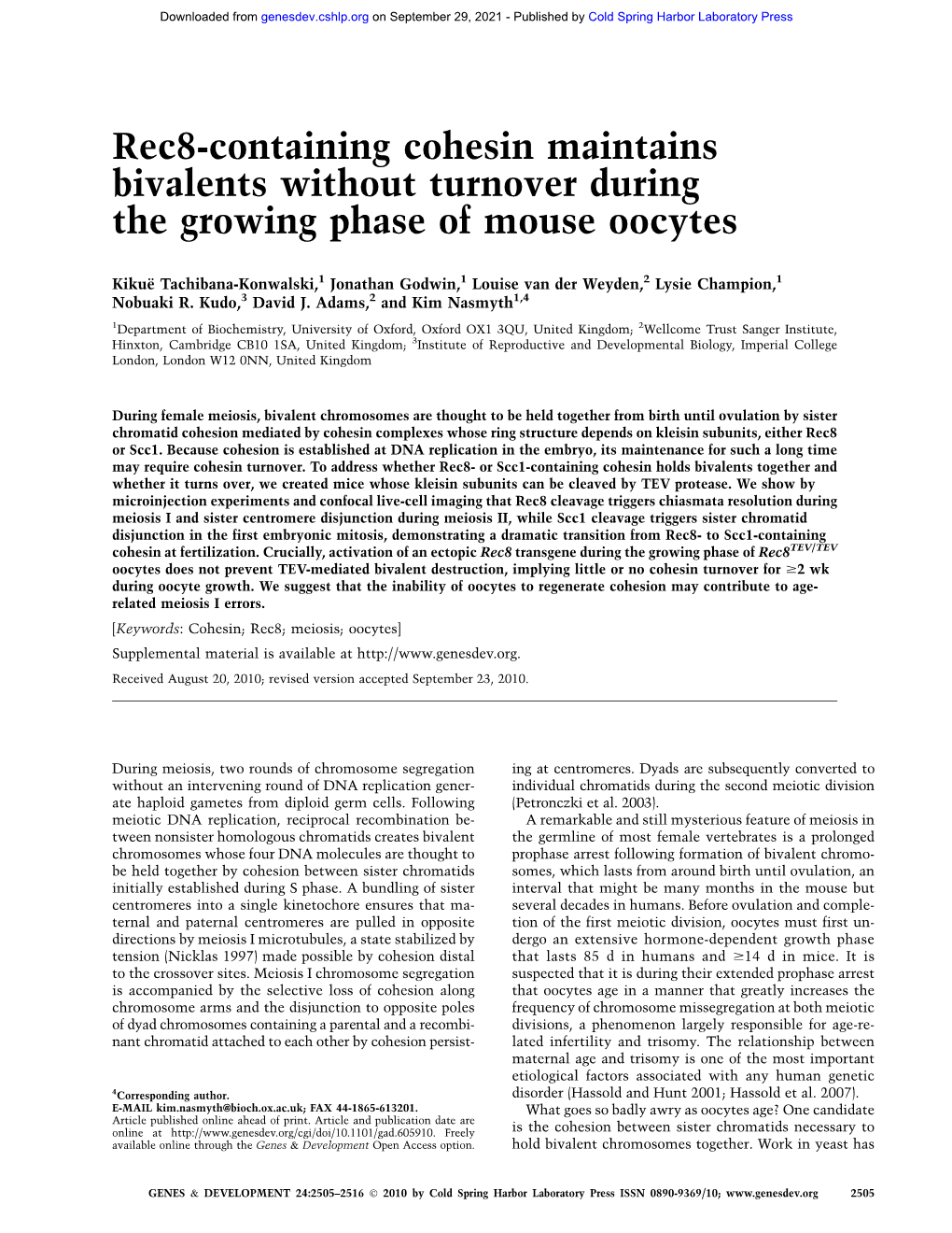 Rec8-Containing Cohesin Maintains Bivalents Without Turnover During the Growing Phase of Mouse Oocytes