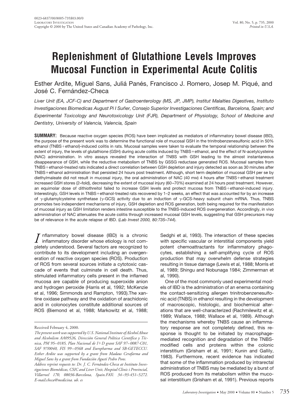 Replenishment of Glutathione Levels Improves Mucosal Function in Experimental Acute Colitis Esther Ardite, Miguel Sans, Julia´ Pane´ S, Francisco J