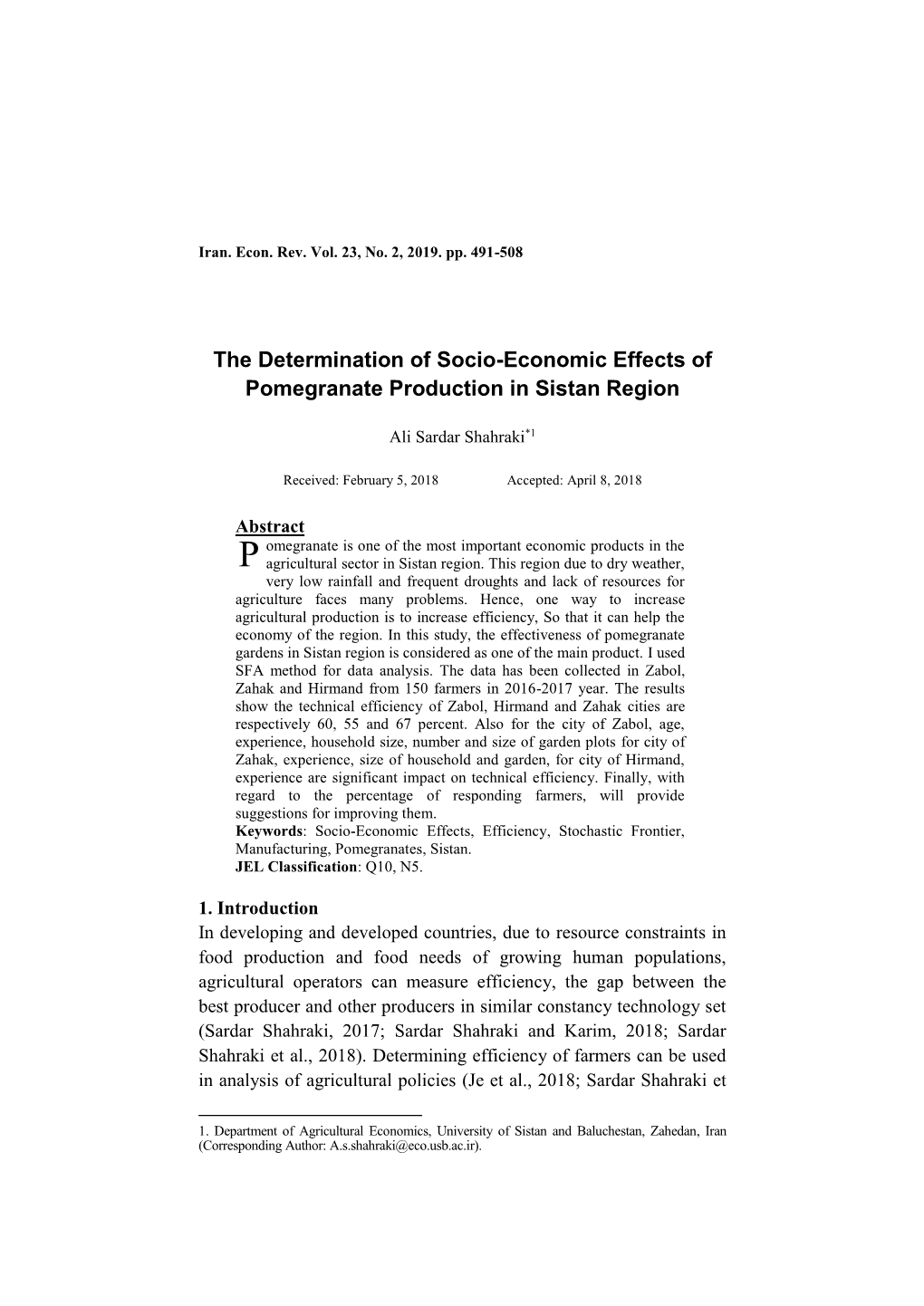 The Determination of Socio-Economic Effects of Pomegranate Production in Sistan Region