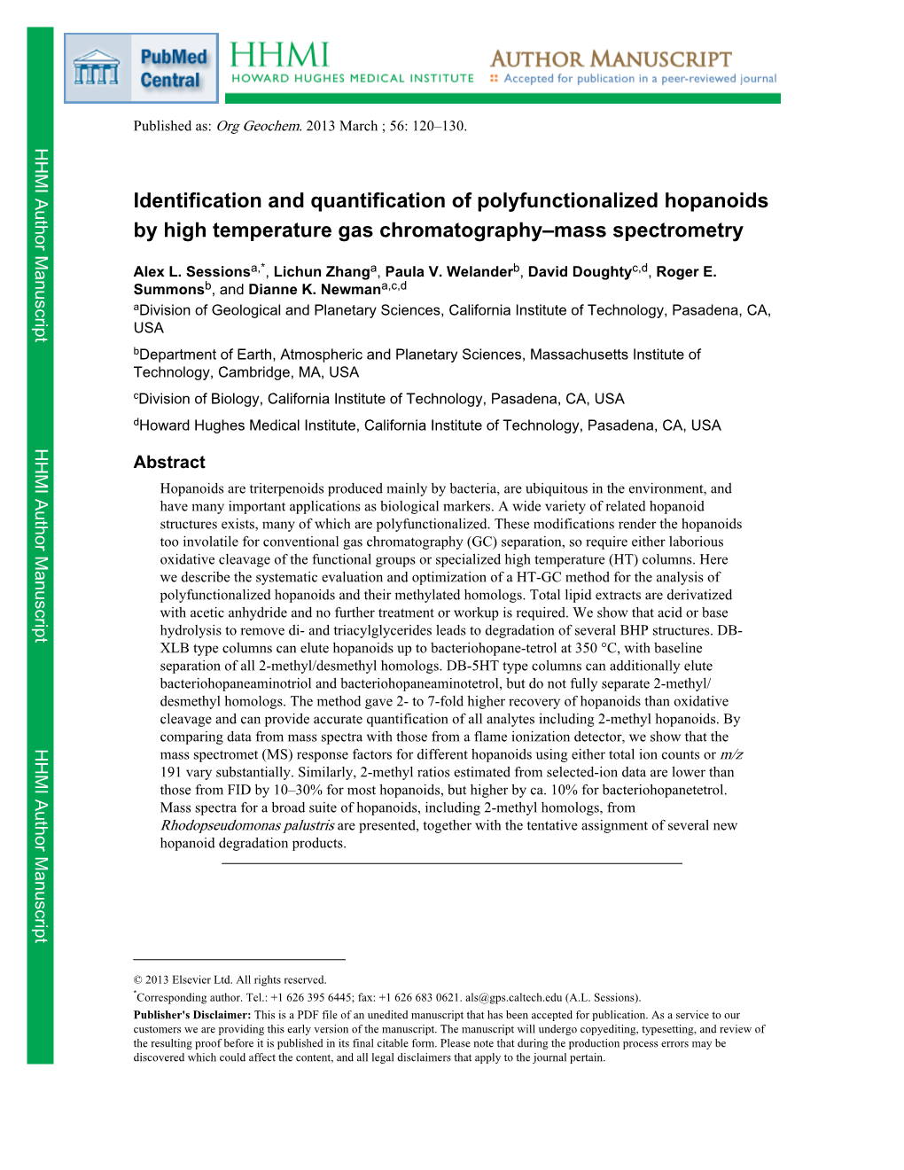 Identification and Quantification of Polyfunctionalized Hopanoids by High Temperature Gas Chromatography–Mass Spectrometry