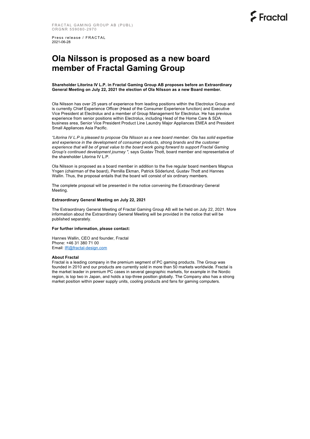Ola Nilsson Is Proposed As a New Board Member of Fractal Gaming Group