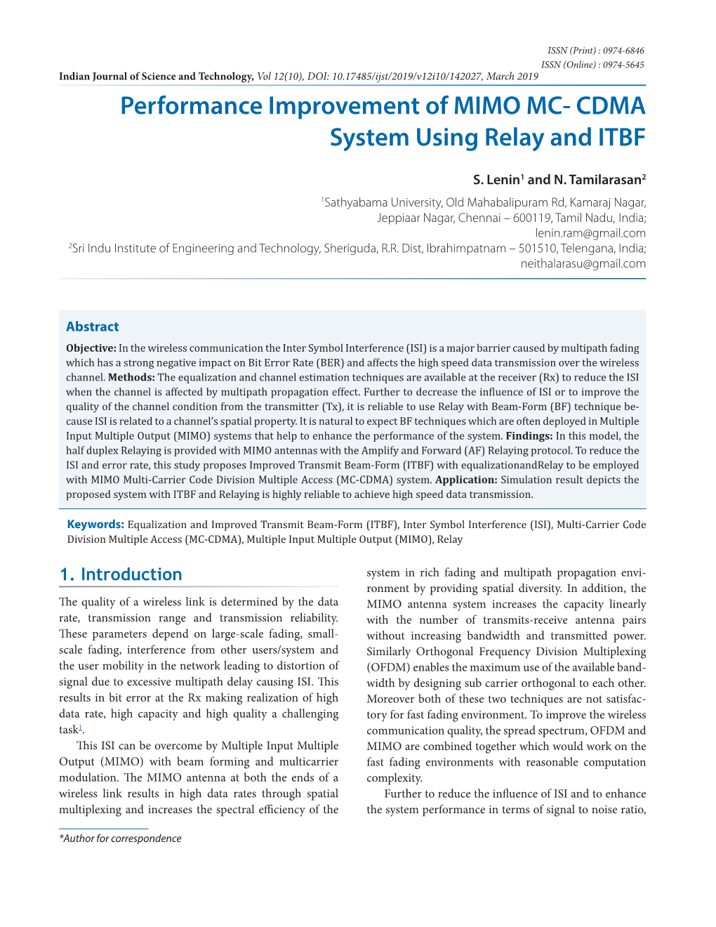 Performance Improvement of MIMO MC- CDMA System Using Relay and ITBF