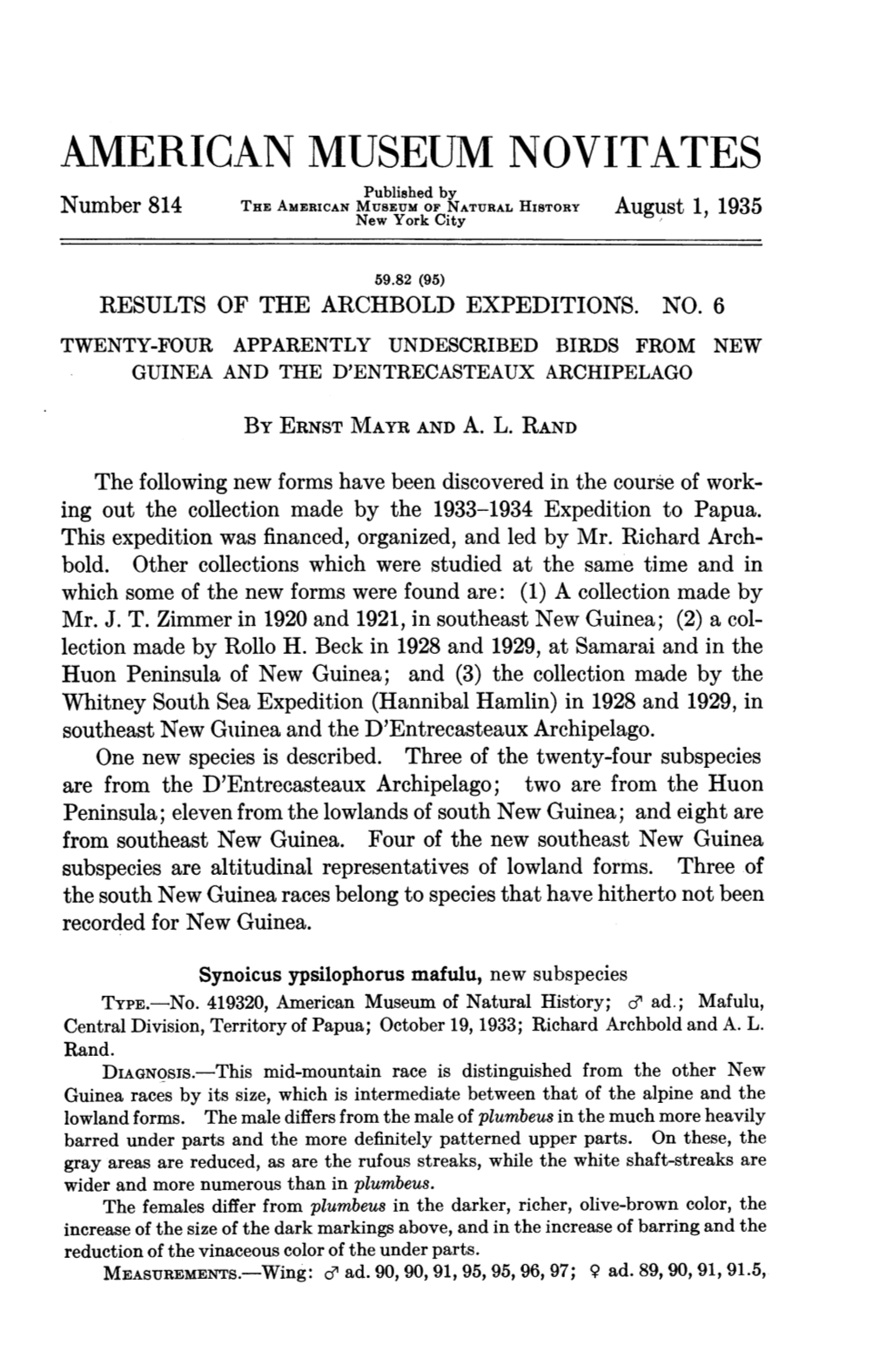 AMERICAN MUSEUM NOVITATES Published by Number 814 THE, American MUSEUM of NATURAL History 1935 New York City August 1