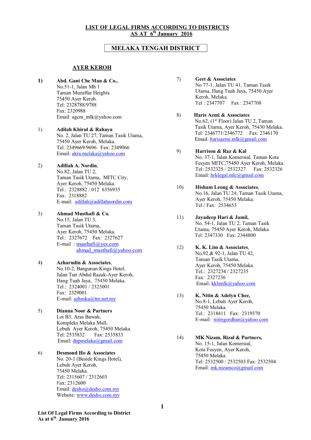 LIST of LEGAL FIRMS ACCORDING to DISTRICTS AS at 6Th January 2016