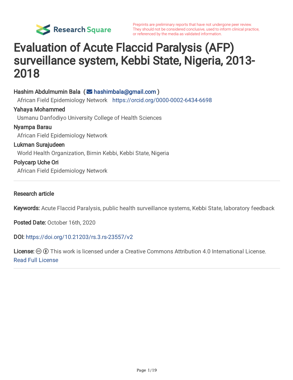 (AFP) Surveillance System, Kebbi State, Nigeria, 2013- 2018