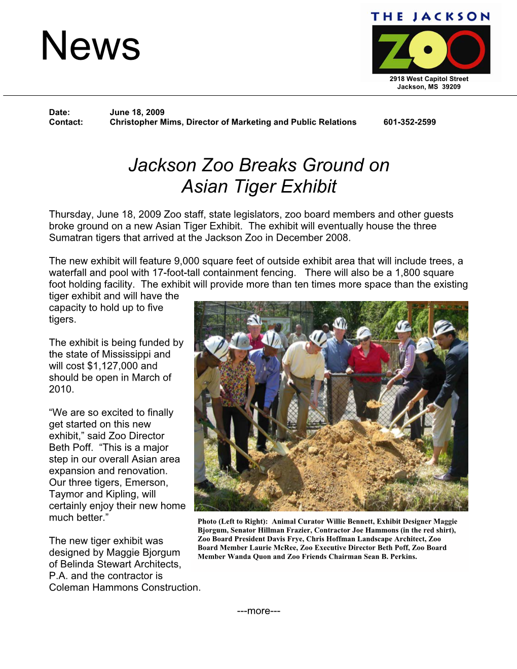 Jackson Zoo Breaks Ground on Asian Tiger Exhibit