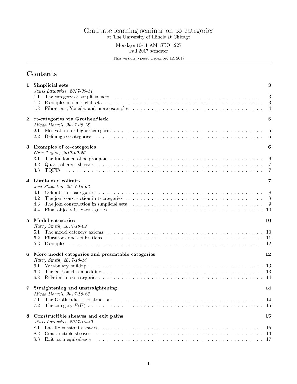 Graduate Learning Seminar on ∞-Categories Contents