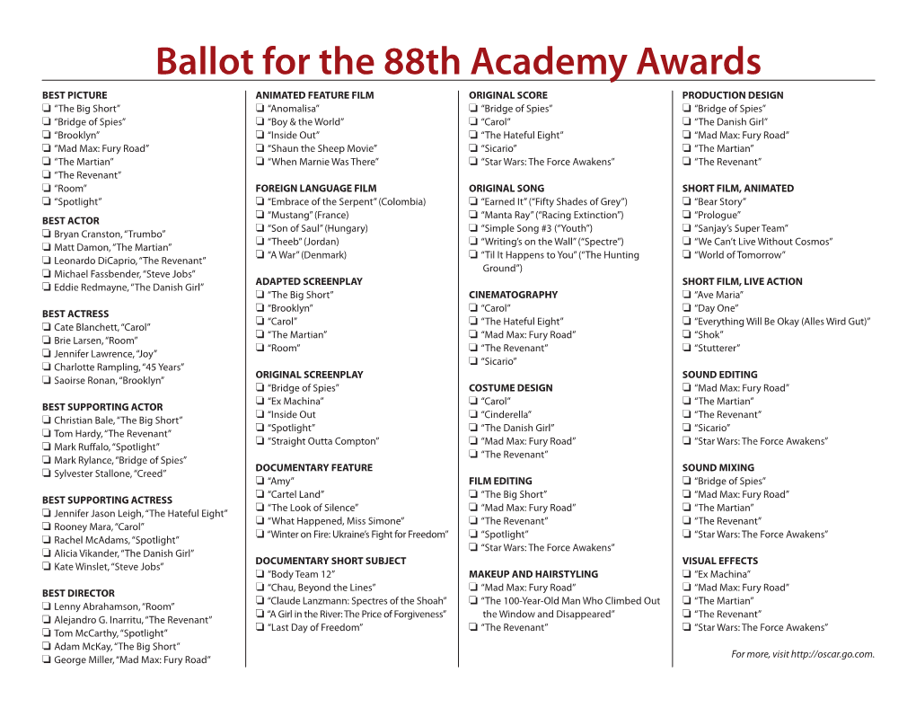 Ballot for the 88Th Academy Awards