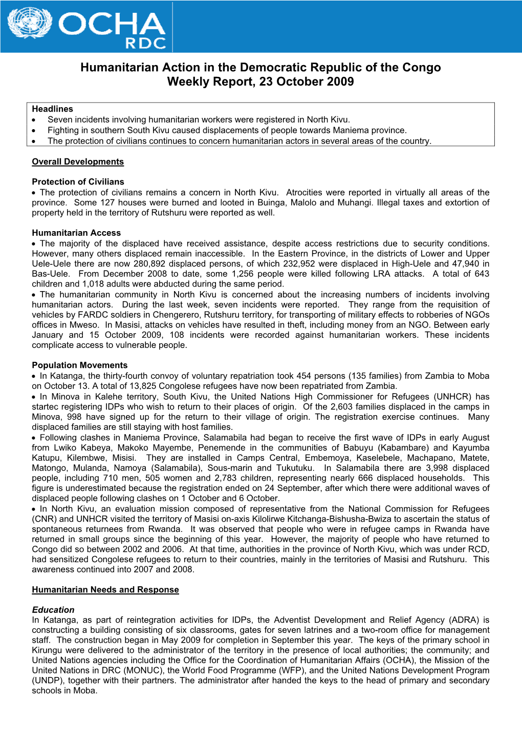 Humanitarian Action in the Democratic Republic of the Congo Weekly Report, 23 October 2009