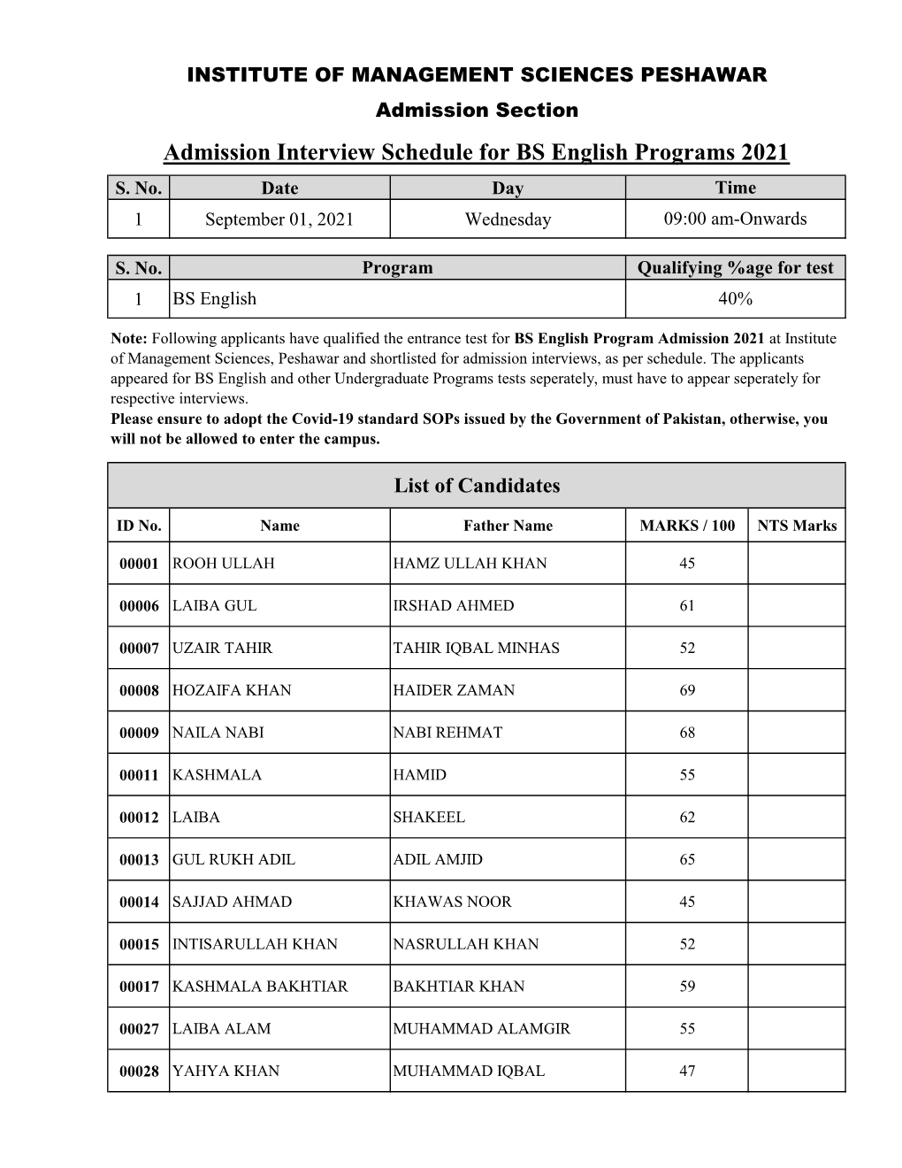 Admission Interview Schedule for BS English Programs 2021 S