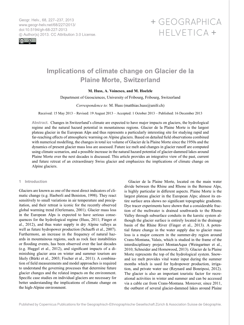 Implications of Climate Change on Glacier De La Plaine Morte, Switzerland