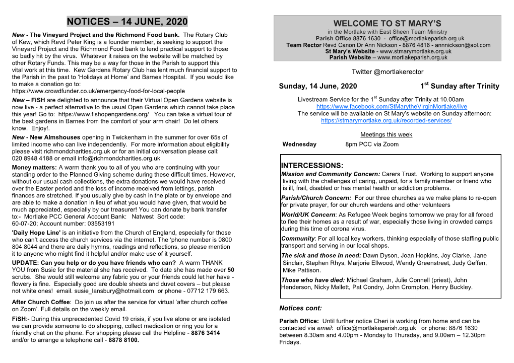 Notices – 14 June, 2020 Welcome to St Mary’S