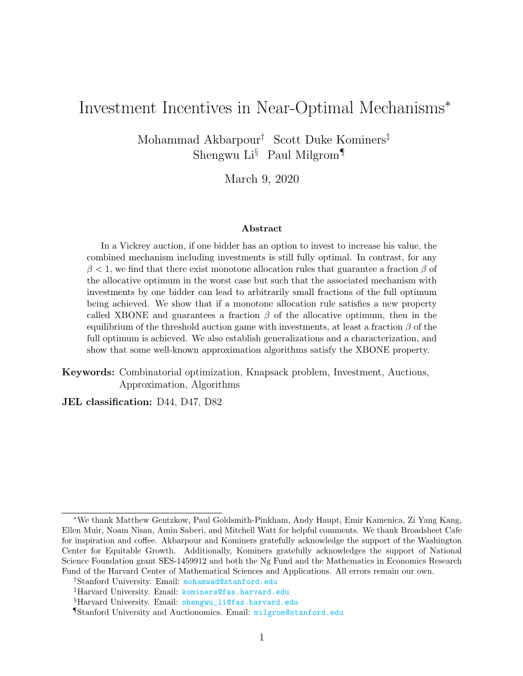 Investment Incentives in Near-Optimal Mechanisms∗