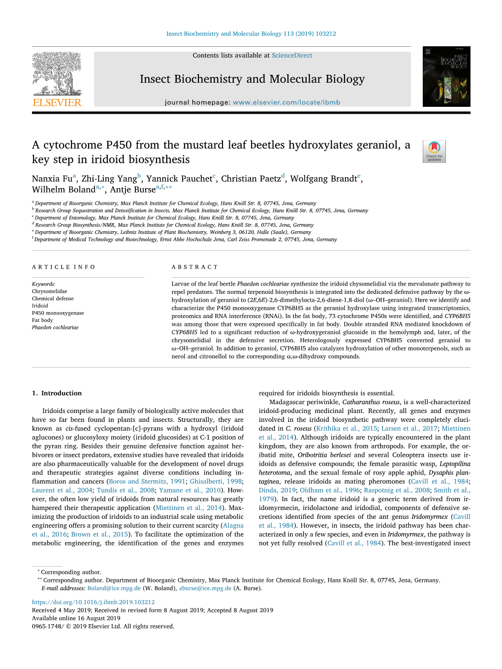 A Cytochrome P450 from the Mustard Leaf Beetles Hydroxylates Geraniol, a Key Step in Iridoid Biosynthesis T