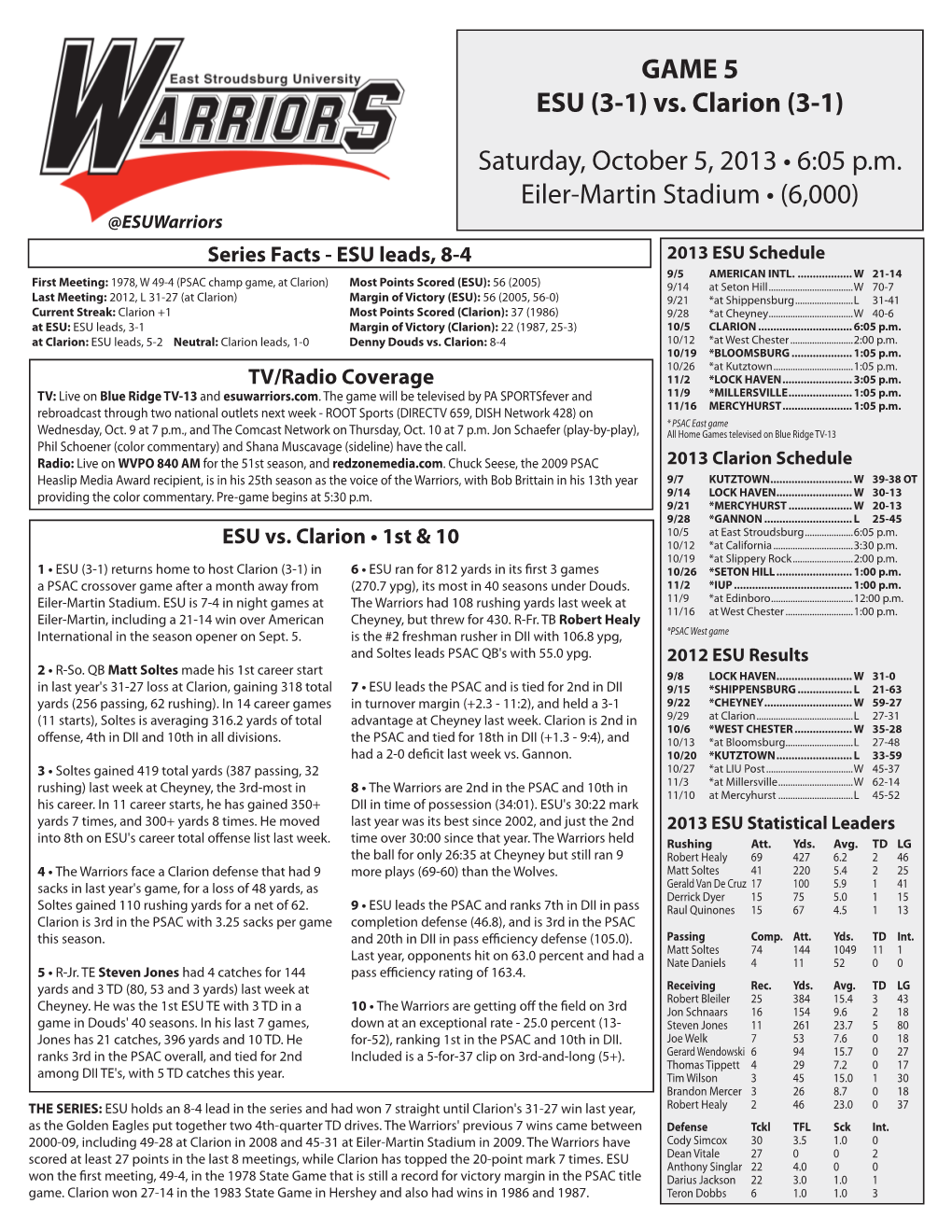 GAME NOTES ESU at a Glance Denny Douds Set the Division II Record for Games Coached in 2011 DENNY DOUDS by the NUMBERS Location