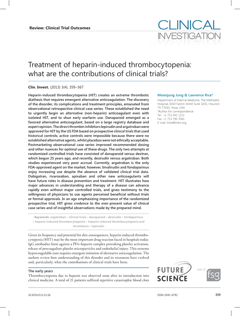 Treatment of Heparin-Induced Thrombocytopenia: What Are the Contributions of Clinical Trials?