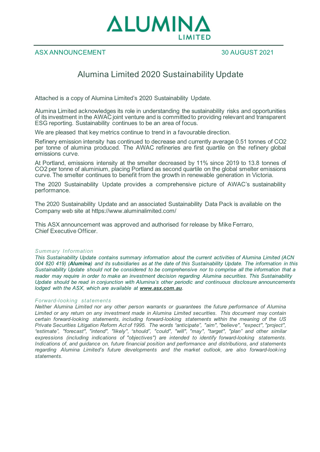 Alumina Limited 2020 Sustainability Update