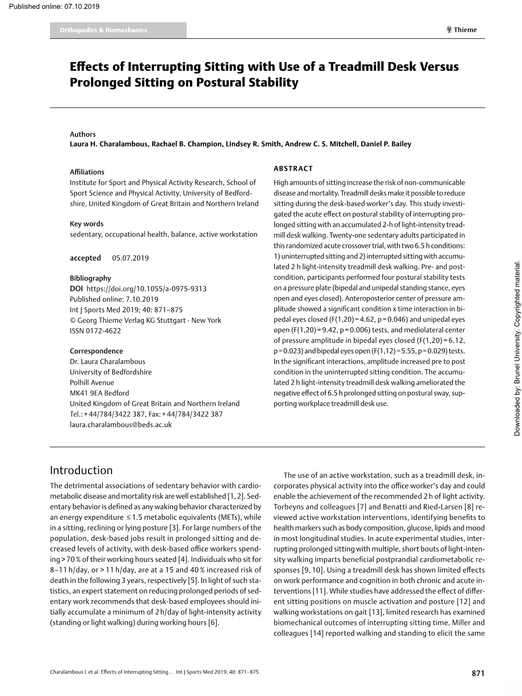 Effects of Interrupting Sitting with Use of a Treadmill Desk Versus Prolonged Sitting on Postural Stability