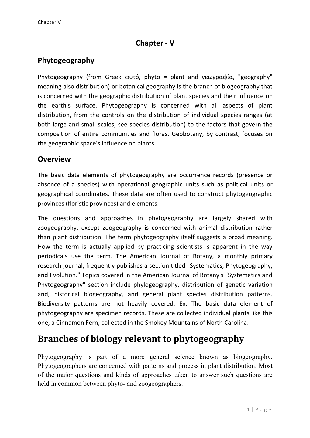 Branches of Biology Relevant to Phytogeography