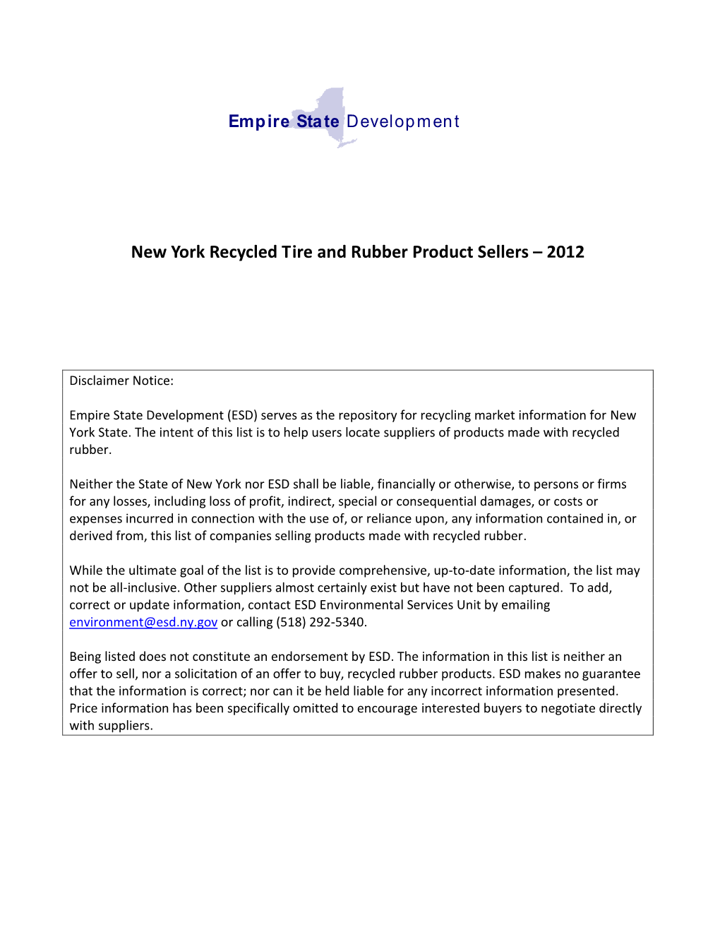 New York Recycled Tire and Rubber Product Sellers – 2012