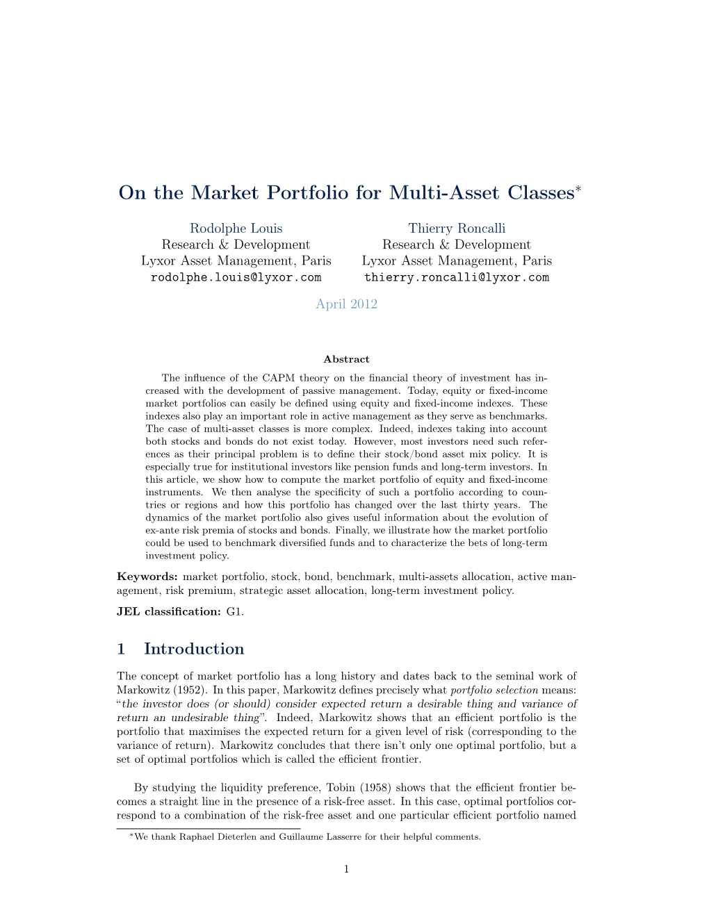 On the Market Portfolio for Multi-Asset Classes∗