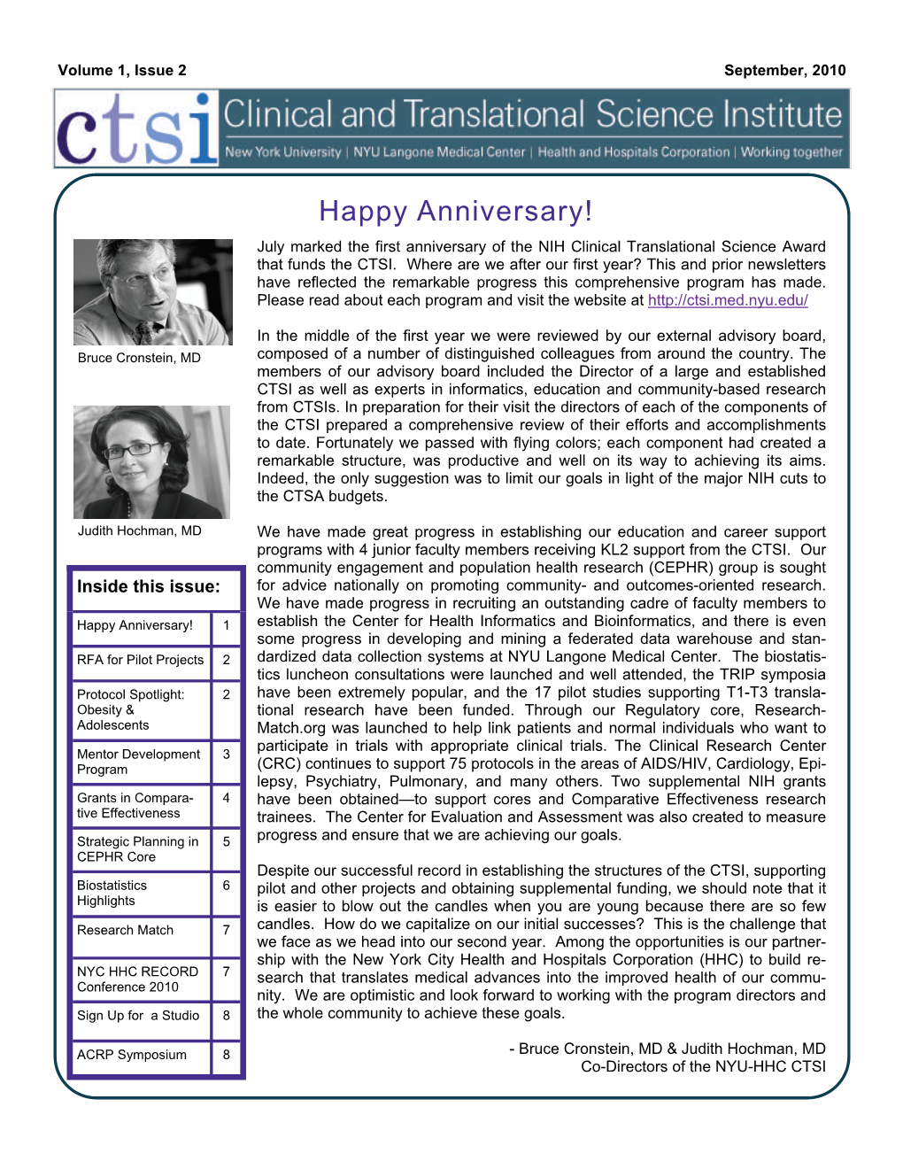 Happy Anniversary! July Marked the First Anniversary of the NIH Clinical Translational Science Award That Funds the CTSI