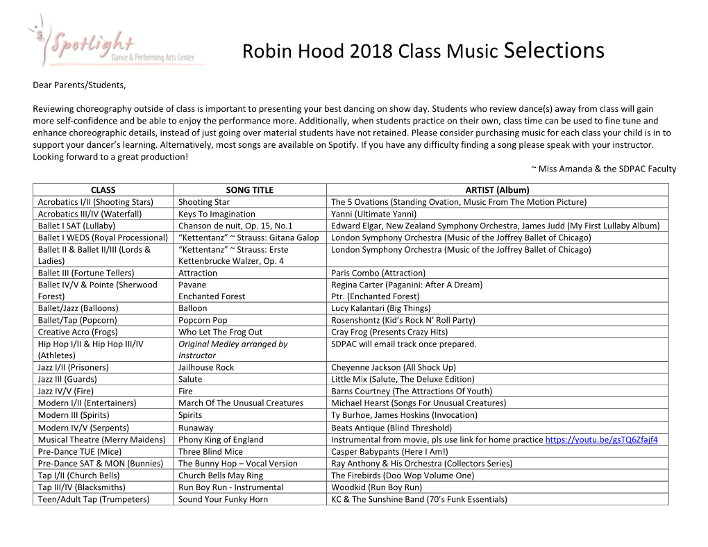 Robin Hood 2018 Class Music Selections