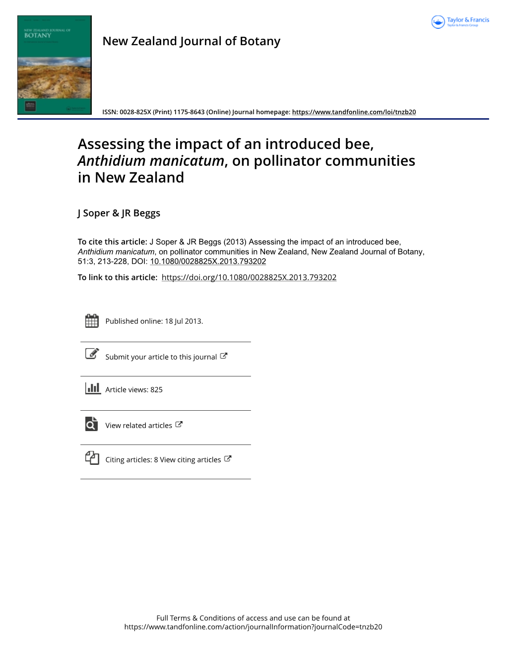 Assessing the Impact of an Introduced Bee, Anthidium Manicatum, on Pollinator Communities in New Zealand