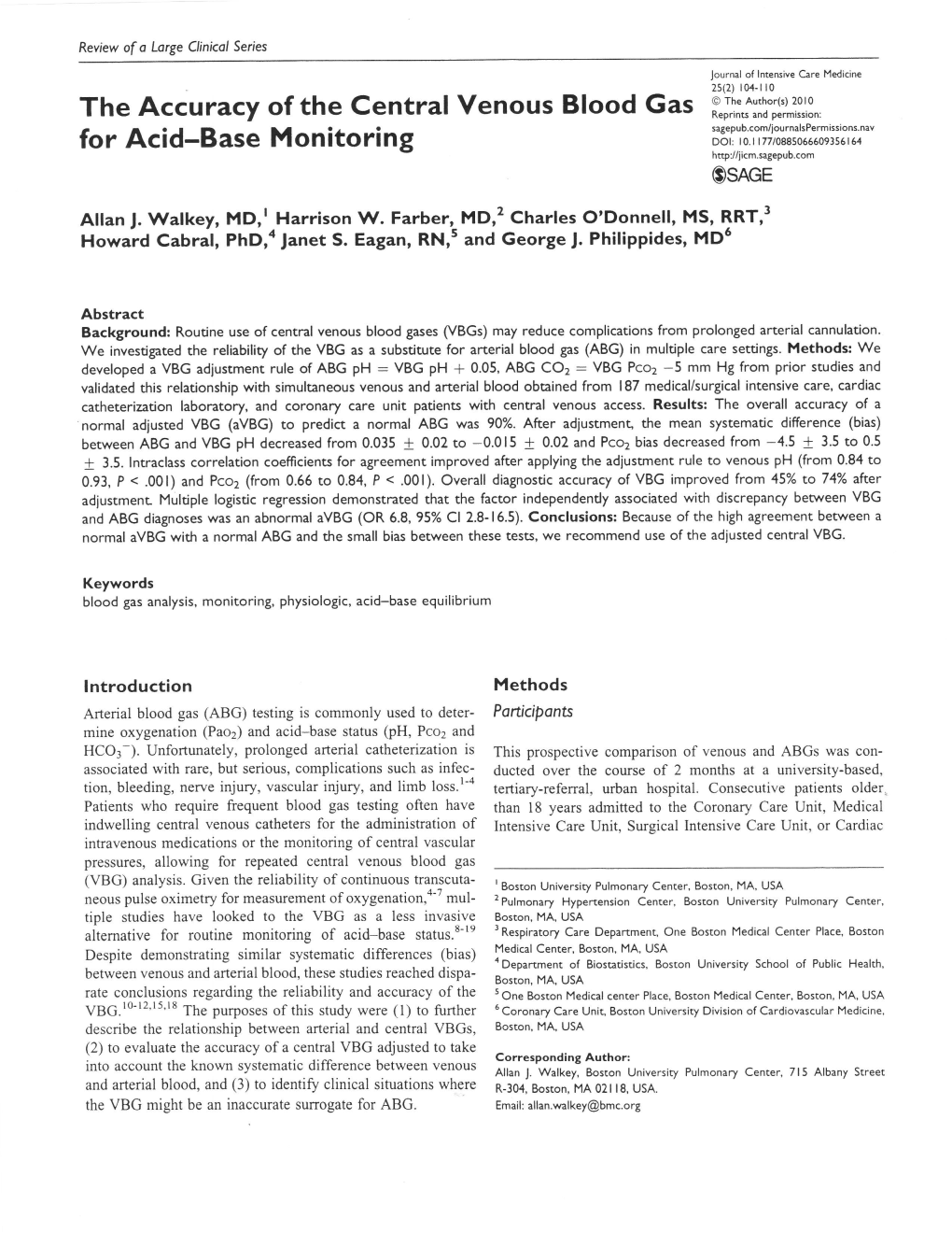 The Accuracy of the Central Venous Blood Gas Reprins and Permission: Sagepub.Comljournalspermissions-Nav for Acid-Base Monitoring DOI: 10