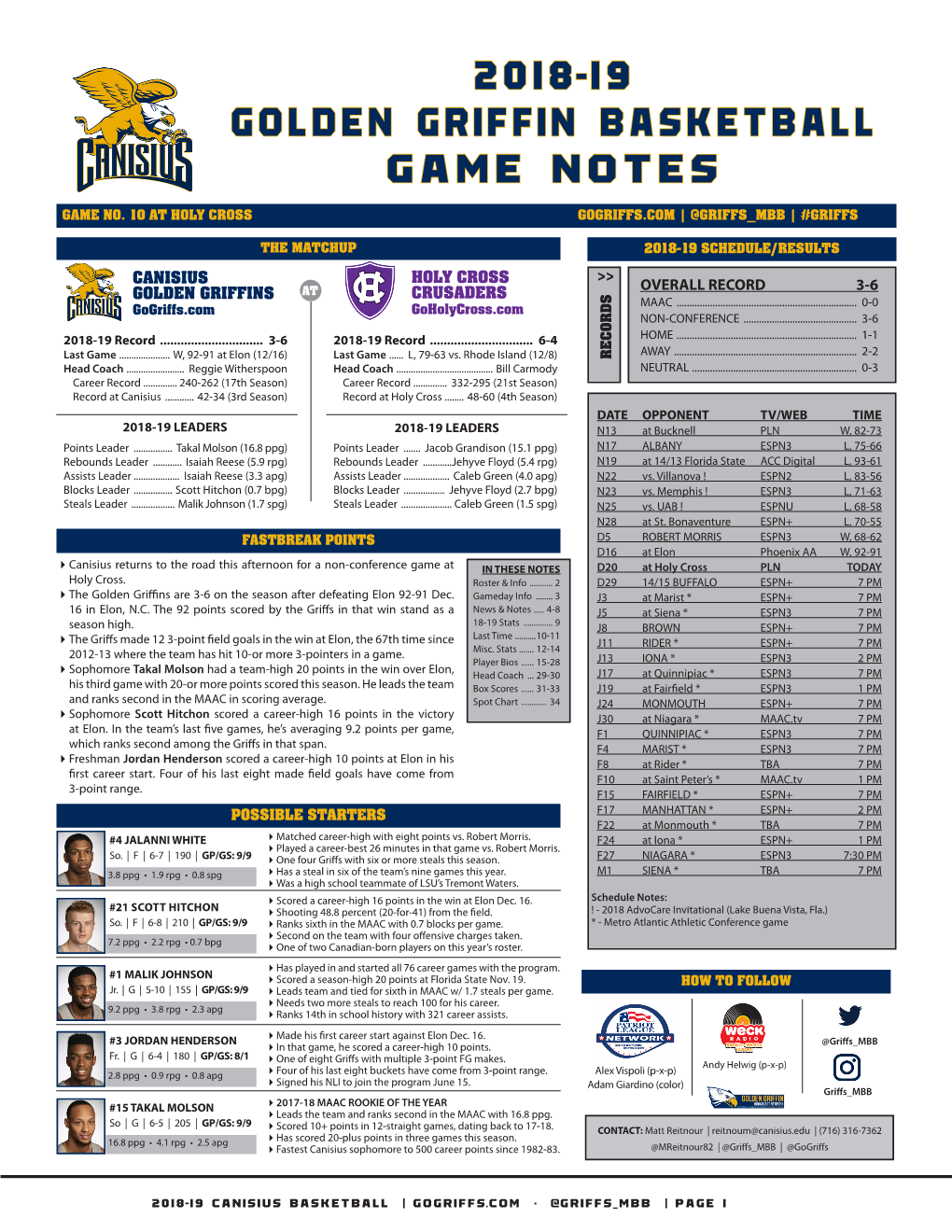 2018-19 Golden Griffin Basketball Game Notes