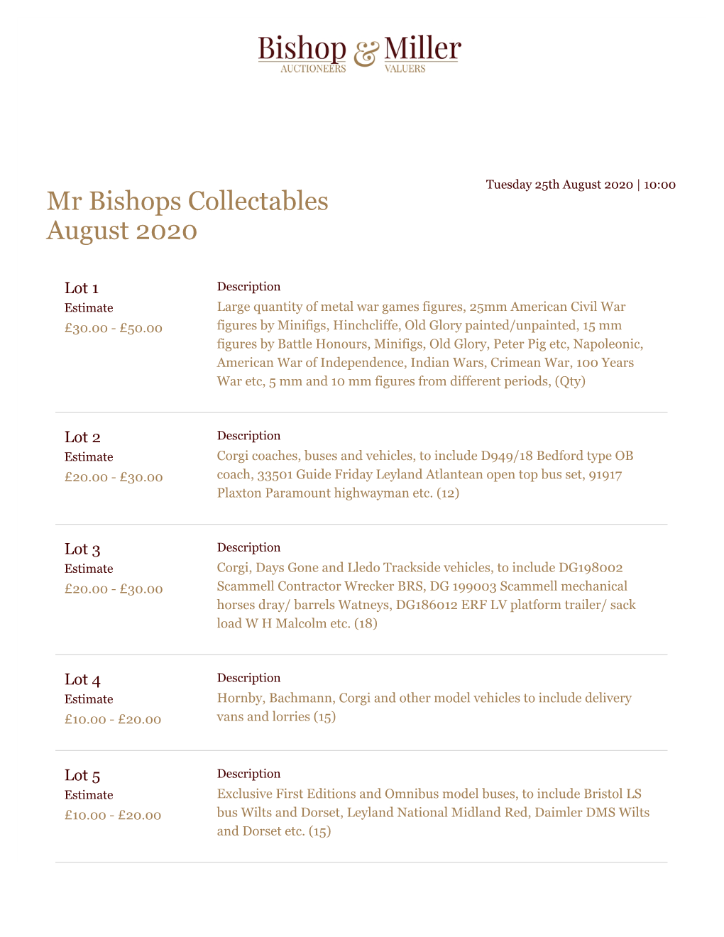 Mr Bishops Collectables August 2020