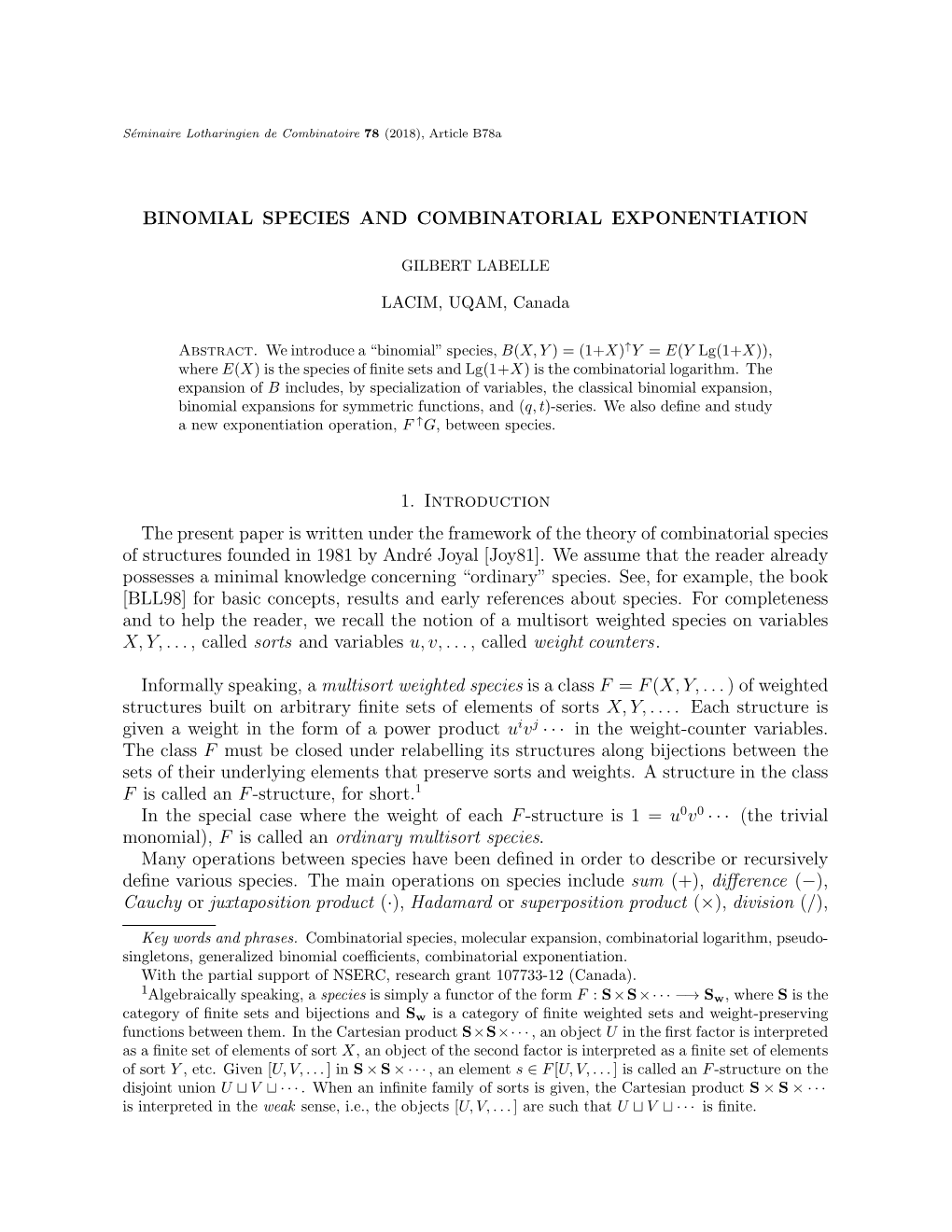 Binomial Species and Combinatorial Exponentiation