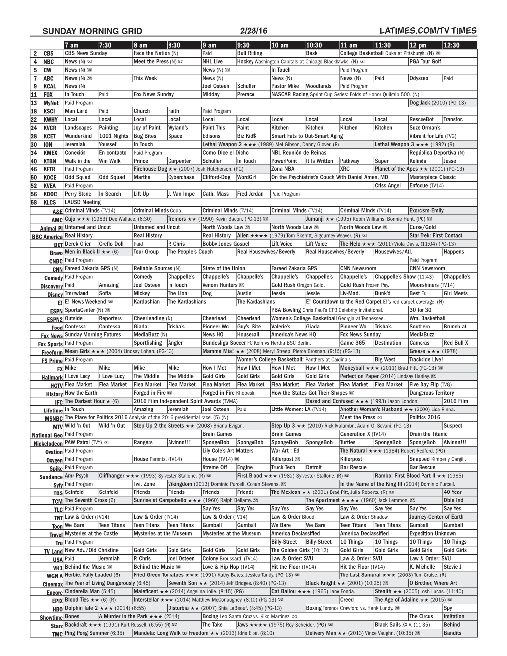 Sunday Morning Grid 2/28/16 Latimes.Com/Tv Times