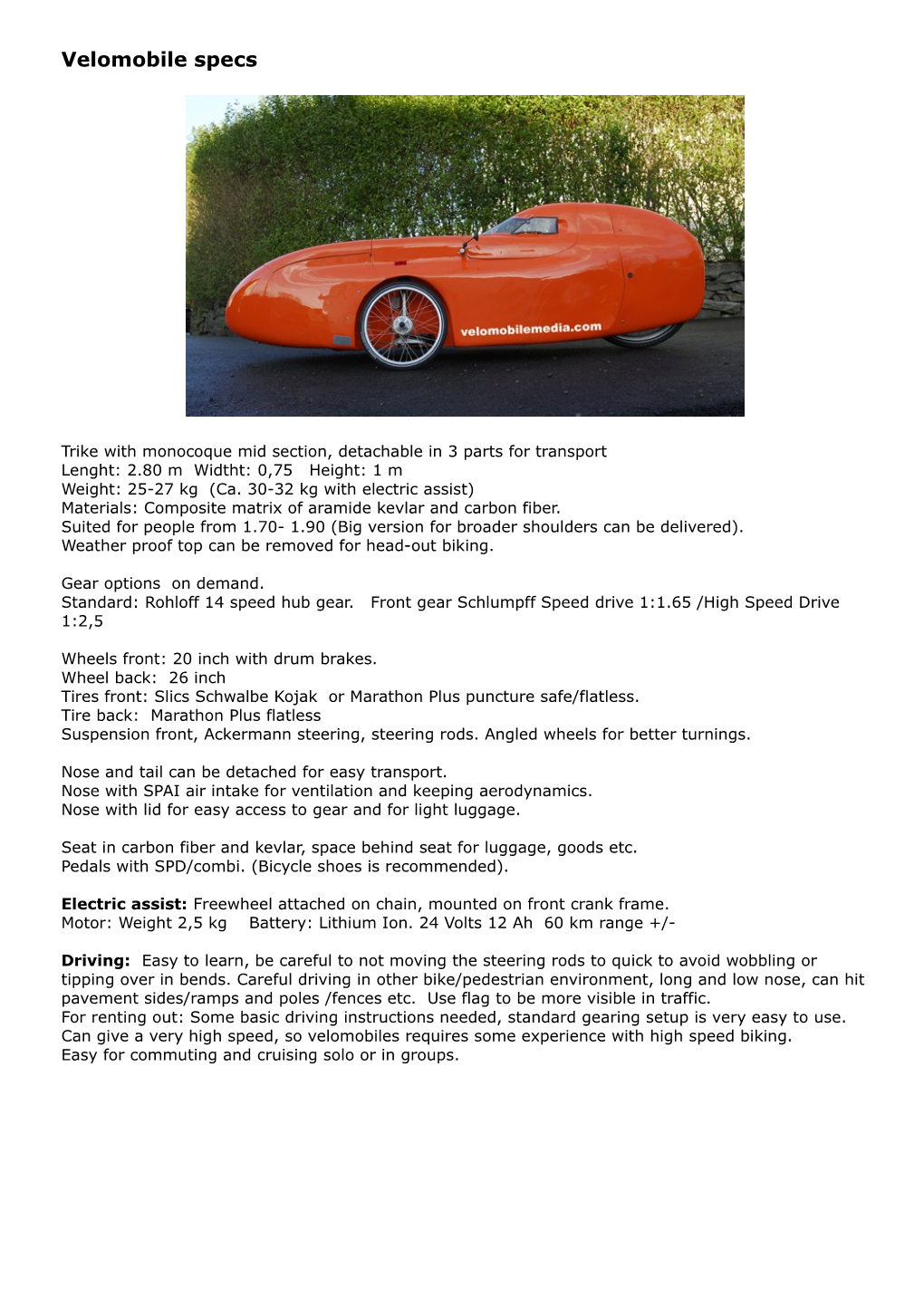 Velomobile Specs