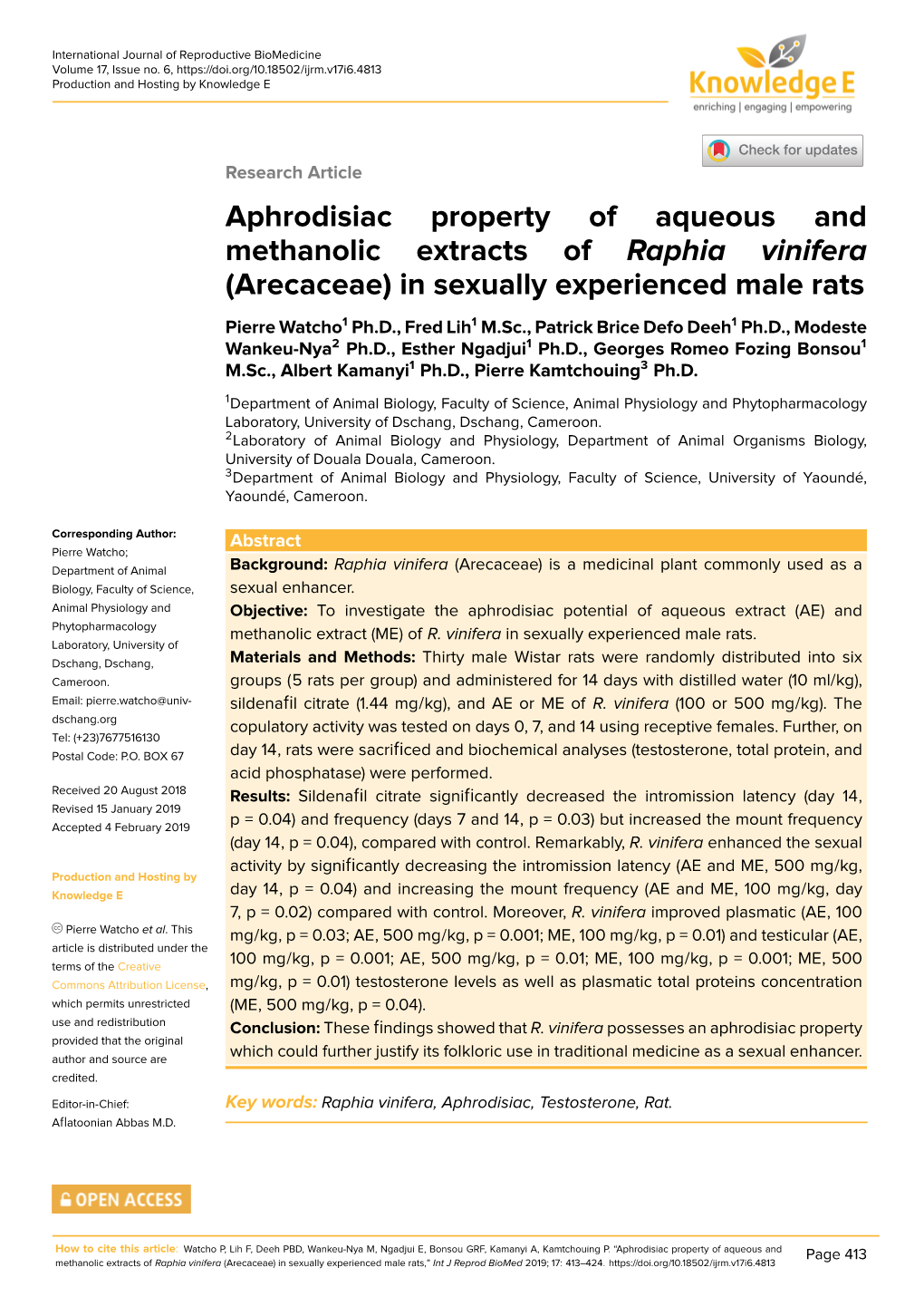 Aphrodisiac Property of Aqueous and Methanolic Extracts of Raphia