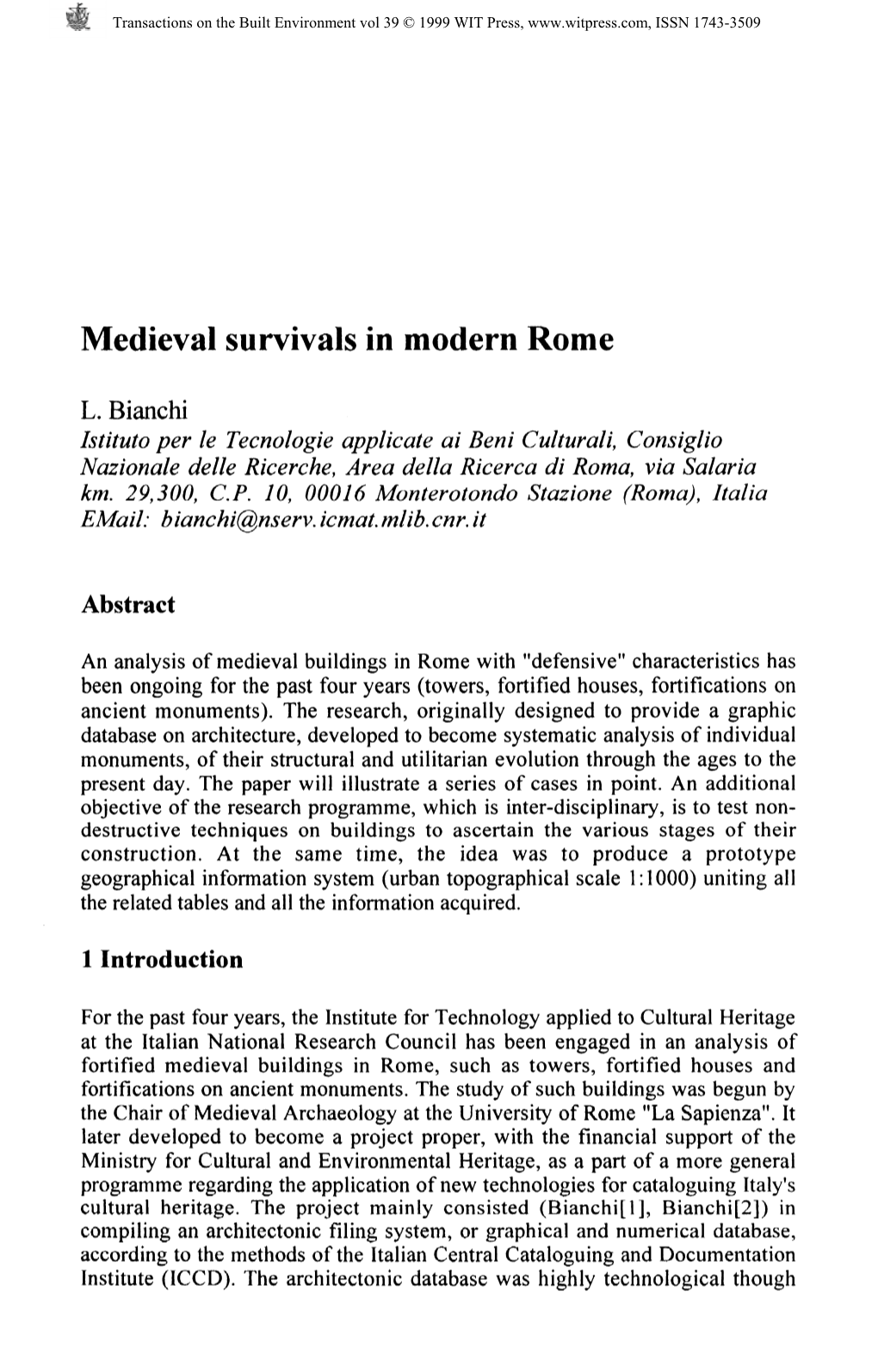 Medieval Survivals in Modern Rome L. Bianchi Istituto Per Le Tecnologie