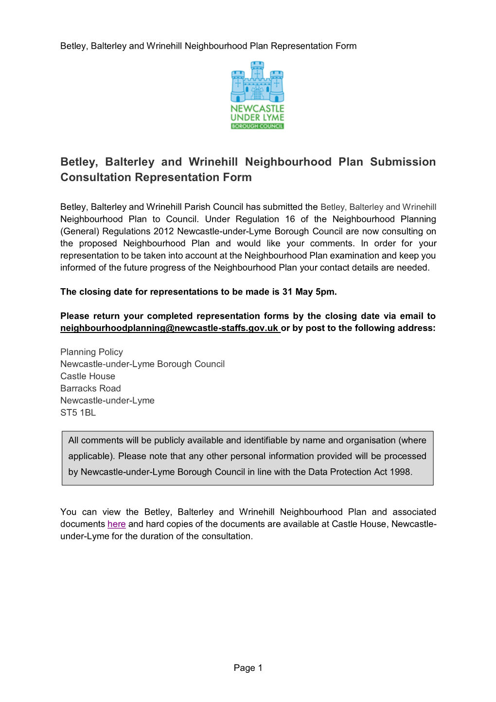 Betley, Balterley and Wrinehill Neighbourhood Plan Submission Consultation Representation Form