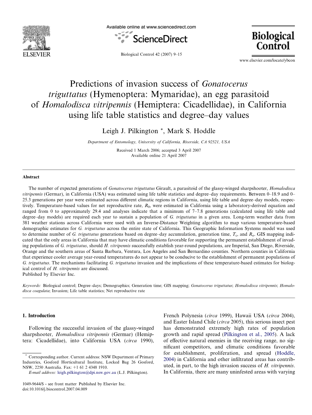 Predictions of Invasion Success of Gonatocerus Triguttatus