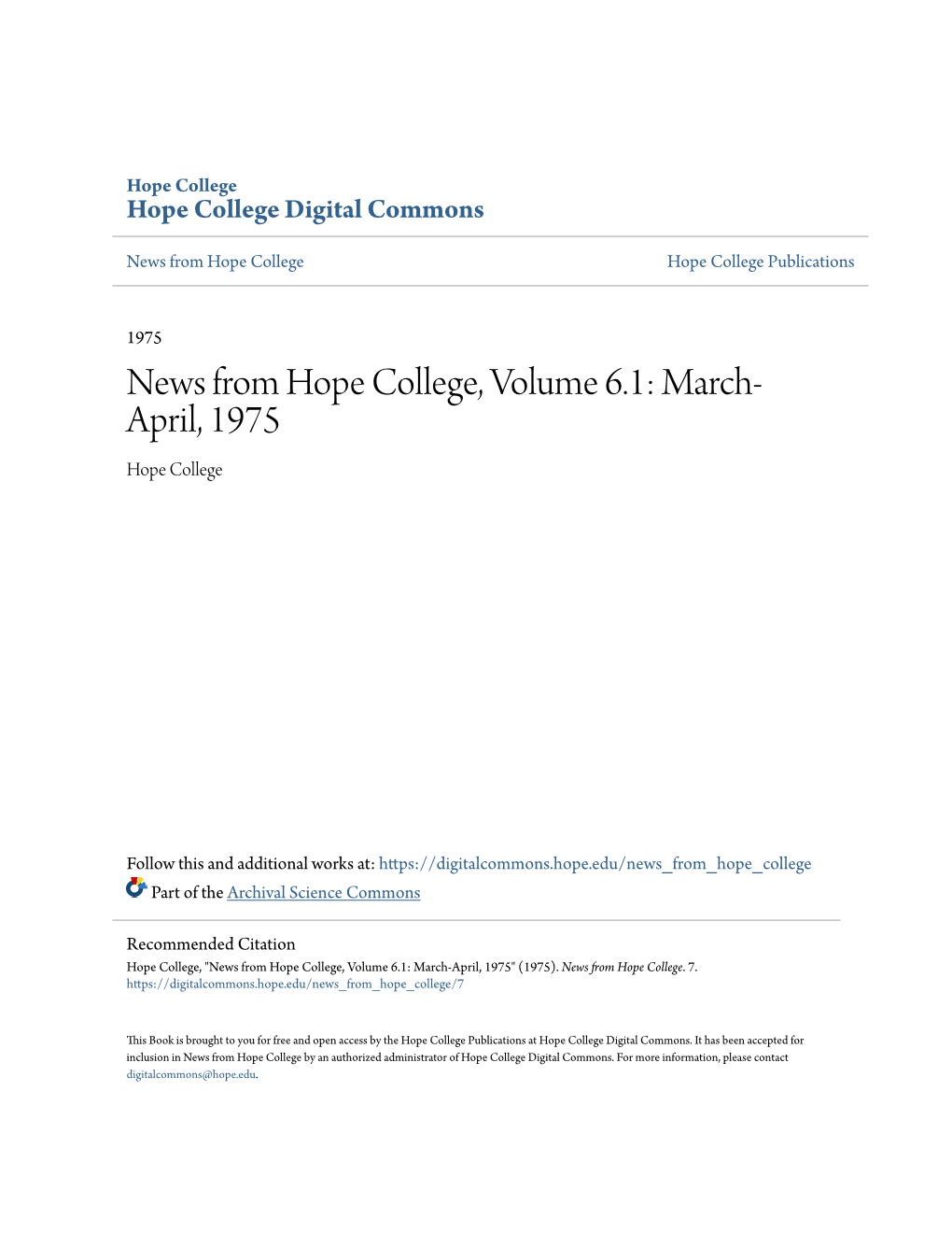 News from Hope College, Volume 6.1: March- April, 1975 Hope College