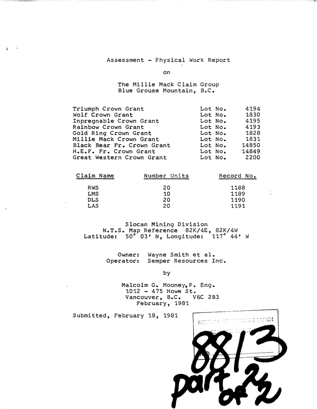 Physical Work Report on Blue Grouse Mountain, BC Great Western Crown