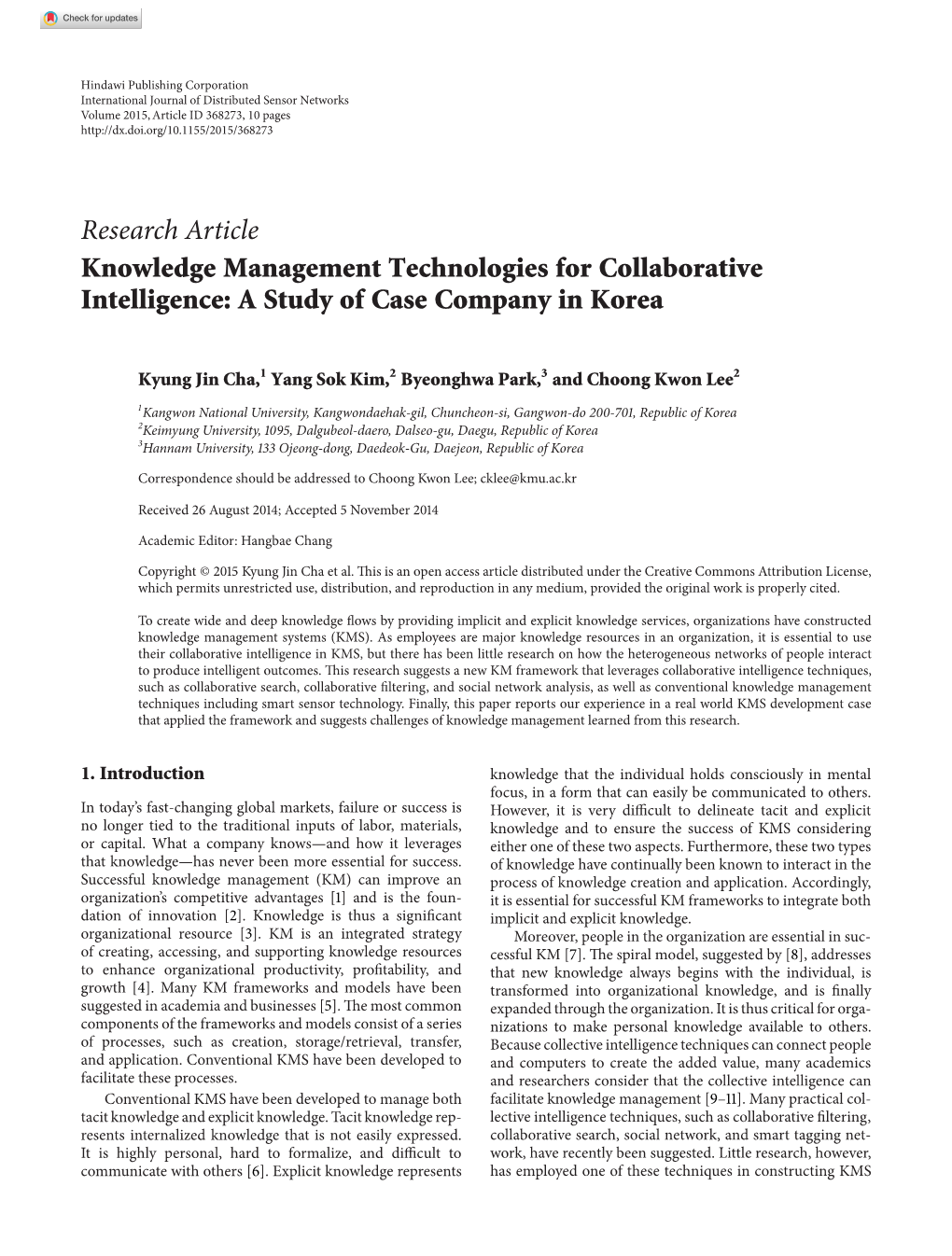 Knowledge Management Technologies for Collaborative Intelligence: a Study of Case Company in Korea